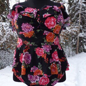 GOTH BOHO BLACK MULTI FLORAL LATTICE TOP ONE PIECE SWIMSUIT DRESS 2X 20W 22W